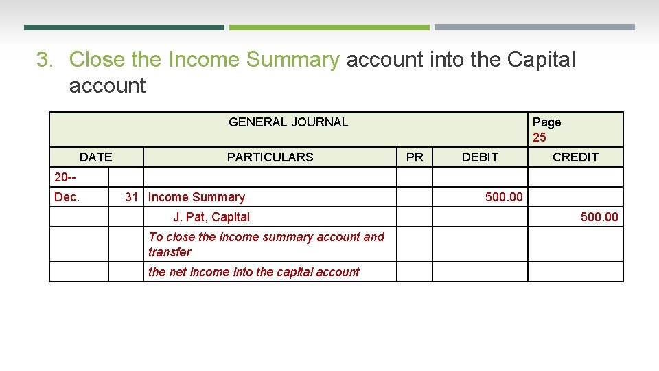 3. Close the Income Summary account into the Capital account GENERAL JOURNAL DATE PARTICULARS
