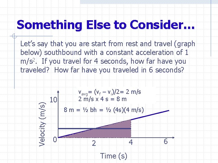 Something Else to Consider… Velocity (m/s) Let’s say that you are start from rest