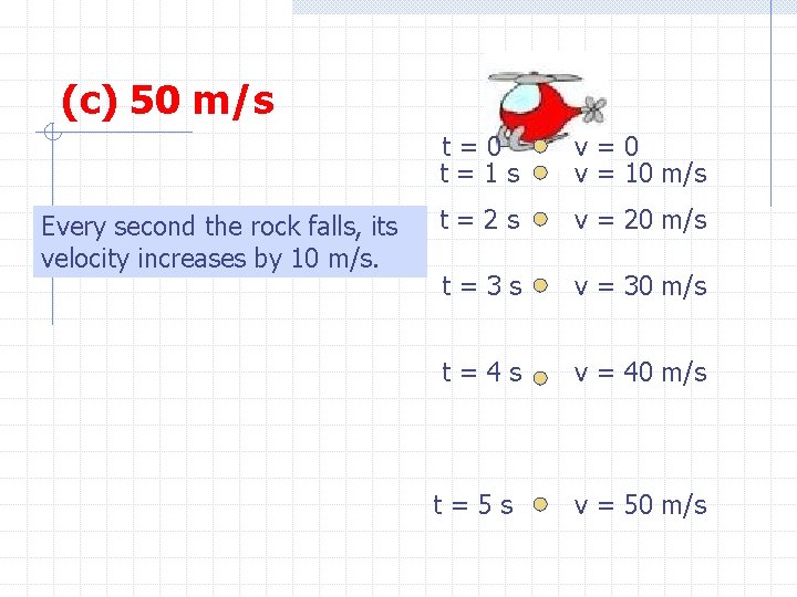 (c) 50 m/s Every second the rock falls, its velocity increases by 10 m/s.