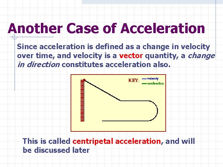Another Case of Acceleration Since acceleration is defined as a change in velocity over