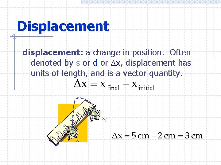 Displacement 0 1 2 3 4 5 displacement: a change in position. Often denoted