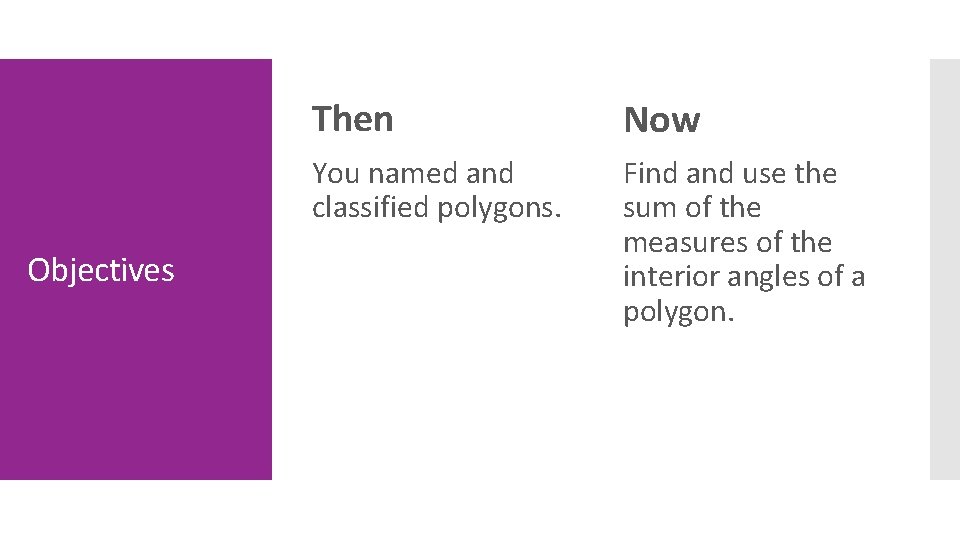 Objectives Then Now You named and classified polygons. Find and use the sum of
