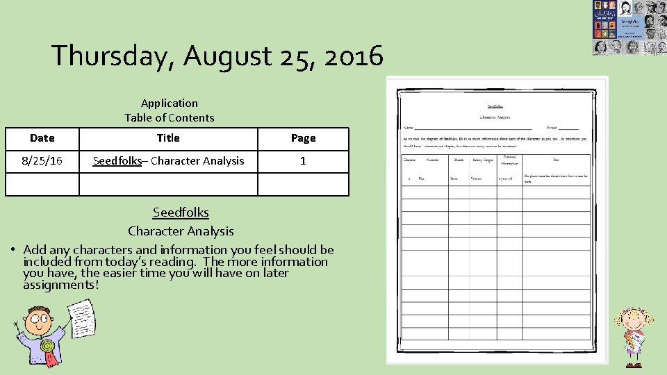 Thursday, August 25, 2016 Application Table of Contents Date Title Page 8/25/16 Seedfolks– Character