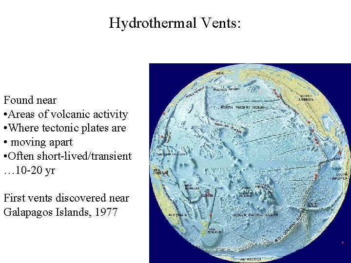 Hydrothermal Vents: Found near • Areas of volcanic activity • Where tectonic plates are