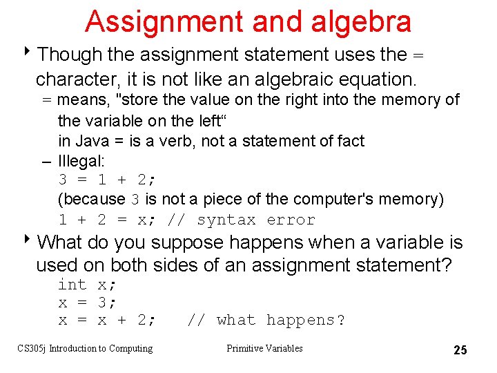 Assignment and algebra 8 Though the assignment statement uses the = character, it is