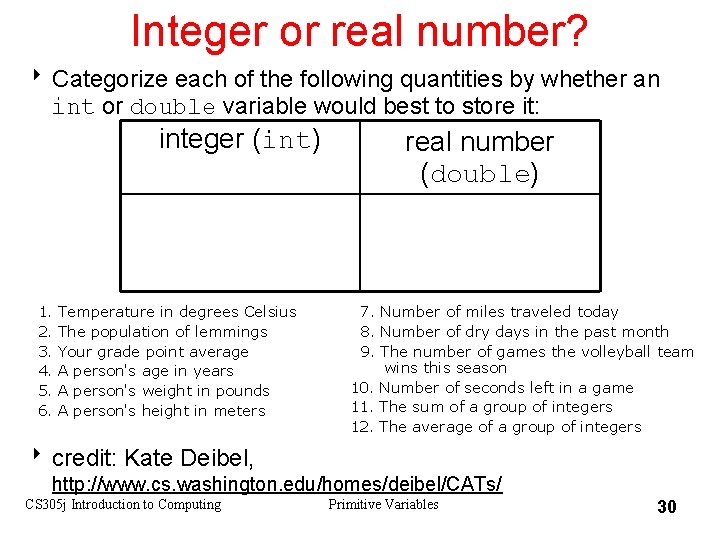 Integer or real number? 8 Categorize each of the following quantities by whether an
