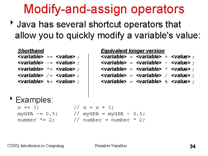 Modify-and-assign operators 8 Java has several shortcut operators that allow you to quickly modify