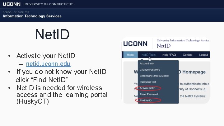 Net. ID • Activate your Net. ID – netid. uconn. edu • If you