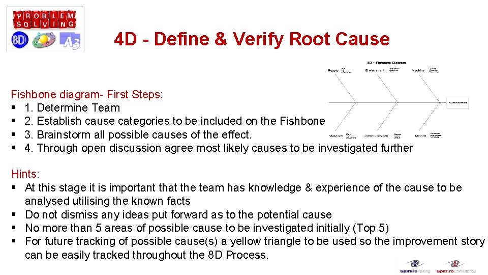 4 D - Define & Verify Root Cause Fishbone diagram- First Steps: § 1.