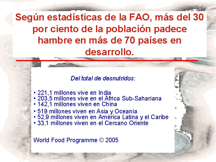 Según estadísticas de la FAO, más del 30 por ciento de la población padece