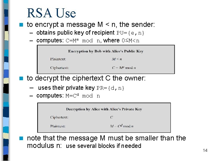RSA Use n to encrypt a message M < n, the sender: – obtains