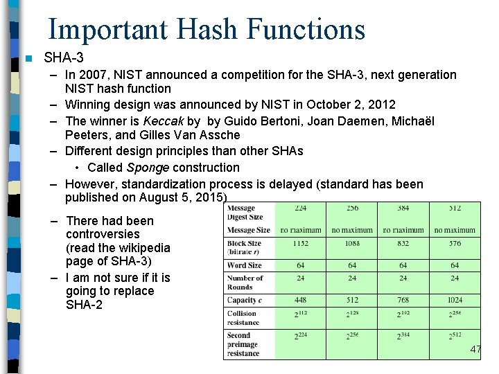 Important Hash Functions n SHA-3 – In 2007, NIST announced a competition for the