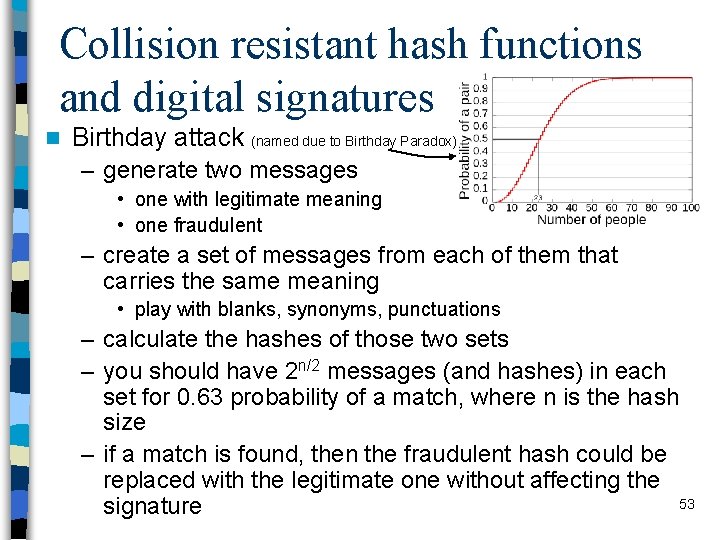 Collision resistant hash functions and digital signatures n Birthday attack (named due to Birthday