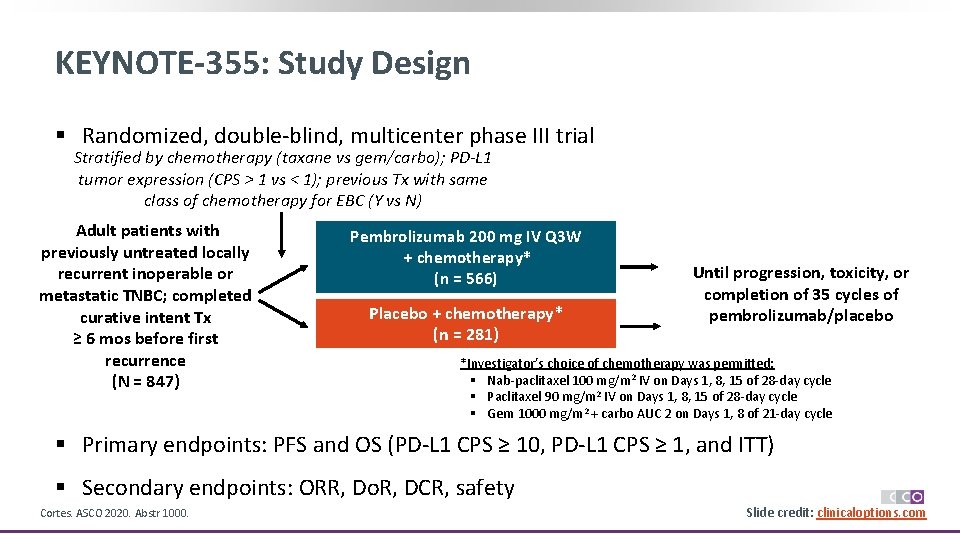 KEYNOTE-355: Study Design § Randomized, double-blind, multicenter phase III trial Stratified by chemotherapy (taxane