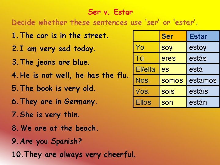 Ser v. Estar Decide whether these sentences use ‘ser’ or ‘estar’. 1. The car