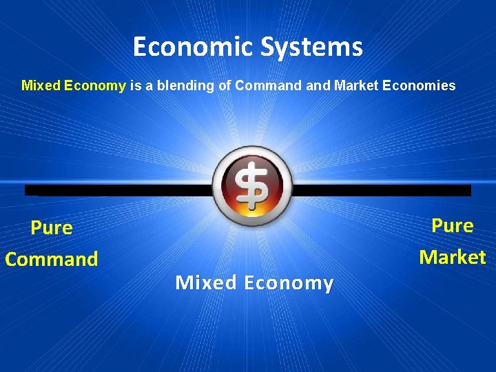 Economic Systems Mixed Economy is a blending of Command Market Economies Pure Command Mixed