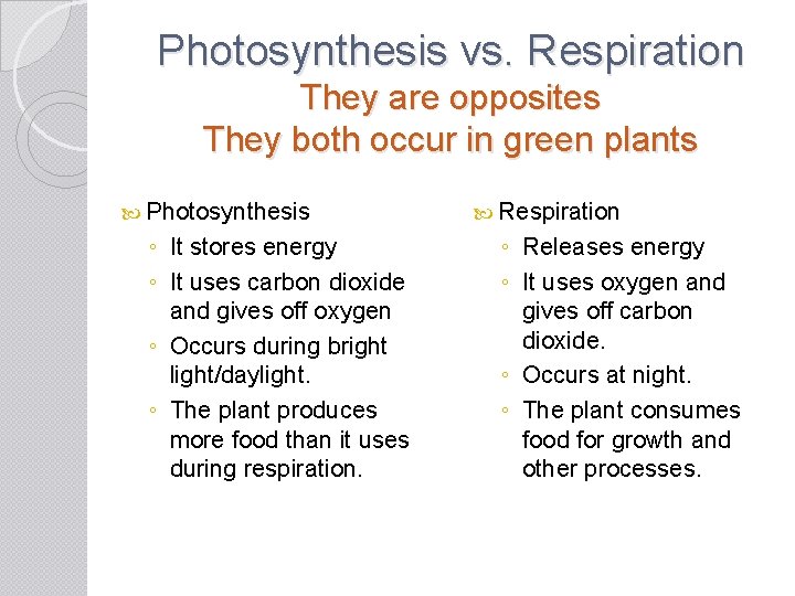 Photosynthesis vs. Respiration They are opposites They both occur in green plants Photosynthesis ◦