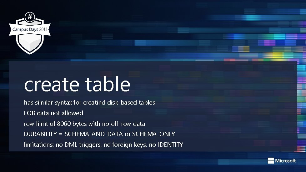create table has similar syntax for creatind disk-based tables LOB data not allowed row create table has similar syntax for creatind disk-based tables LOB data not allowed row