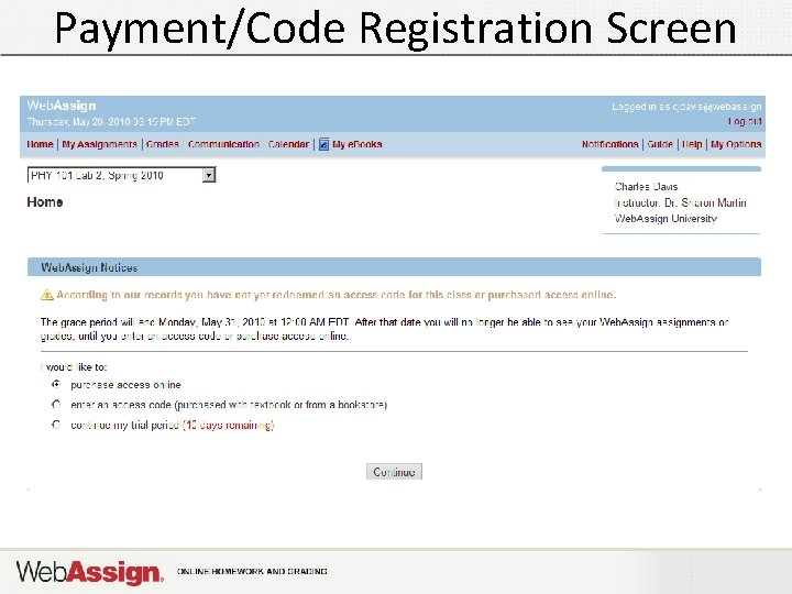 Payment/Code Registration Screen 