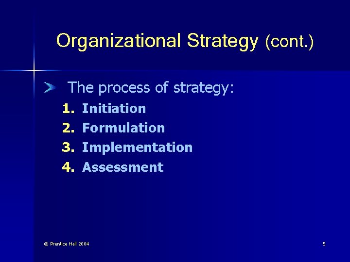 Organizational Strategy (cont. ) The process of strategy: 1. 2. 3. 4. Initiation Formulation