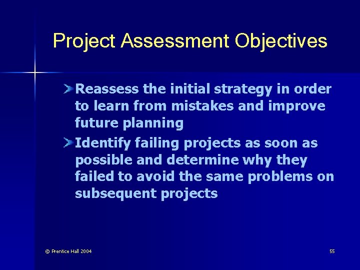 Project Assessment Objectives Reassess the initial strategy in order to learn from mistakes and