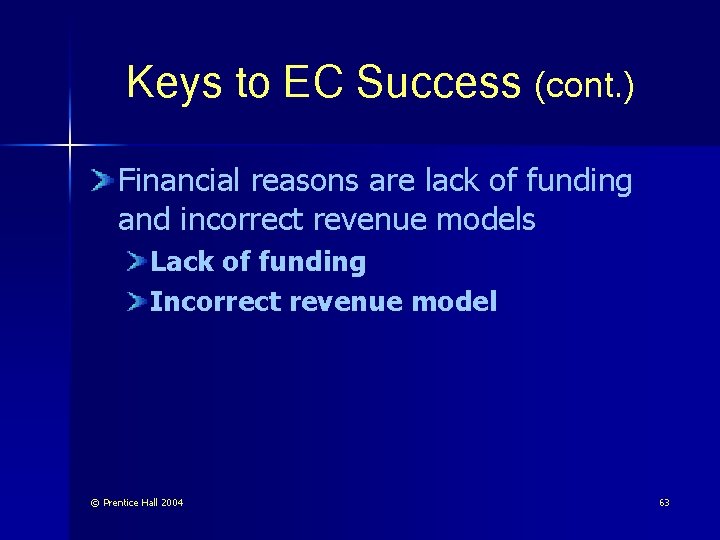 Keys to EC Success (cont. ) Financial reasons are lack of funding and incorrect