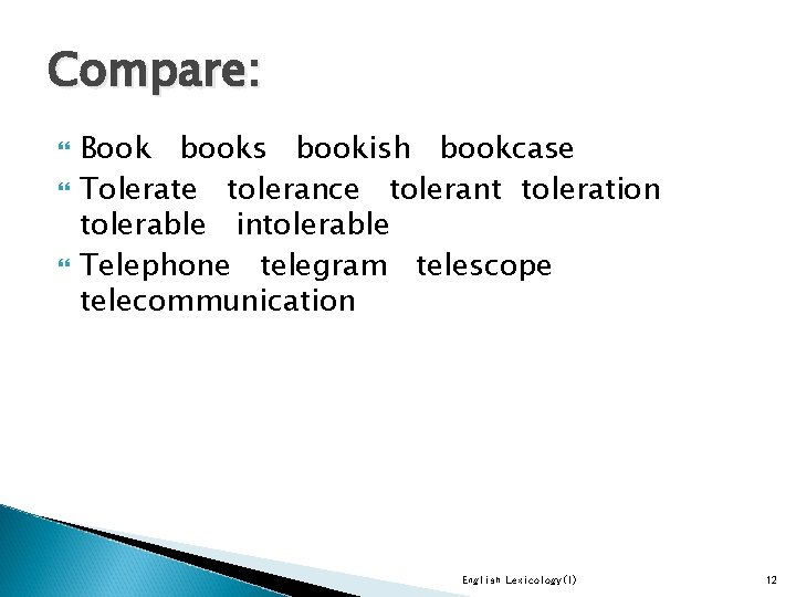 Compare: Book books bookish bookcase Tolerate tolerance tolerant toleration tolerable intolerable Telephone telegram telescope