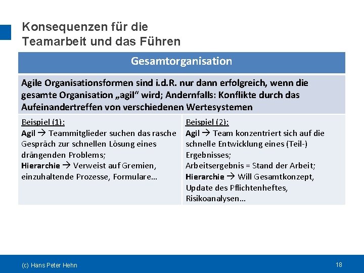 Konsequenzen für die Teamarbeit und das Führen Gesamtorganisation Agile Organisationsformen sind i. d. R.