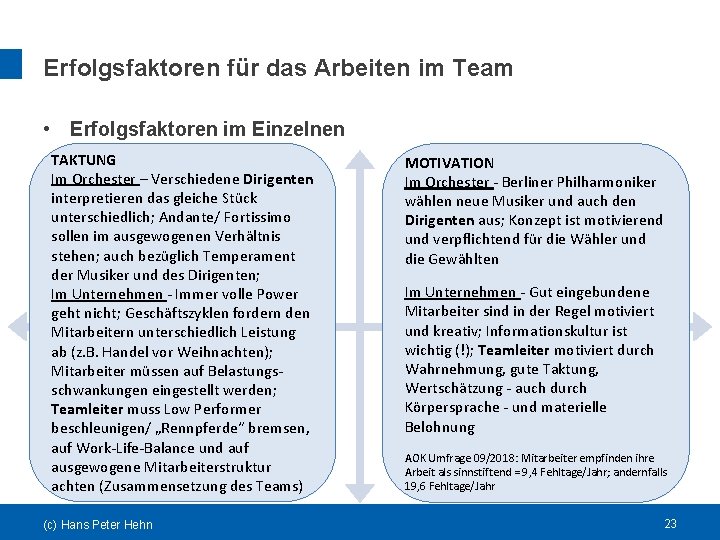Erfolgsfaktoren für das Arbeiten im Team • Erfolgsfaktoren im Einzelnen TAKTUNG Im Orchester –