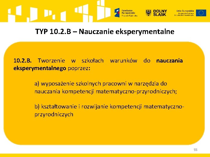 TYP 10. 2. B – Nauczanie eksperymentalne 10. 2. B. Tworzenie w szkołach warunków