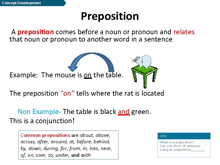 Concept Development Preposition A preposition comes before a noun or pronoun and relates that