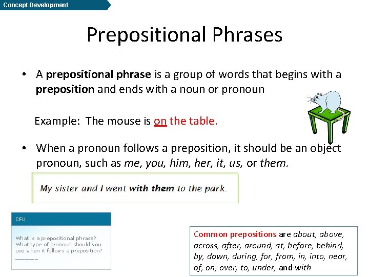Concept Development Prepositional Phrases • A prepositional phrase is a group of words that