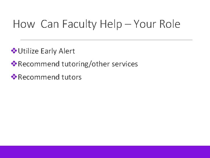 How Can Faculty Help – Your Role v. Utilize Early Alert v. Recommend tutoring/other