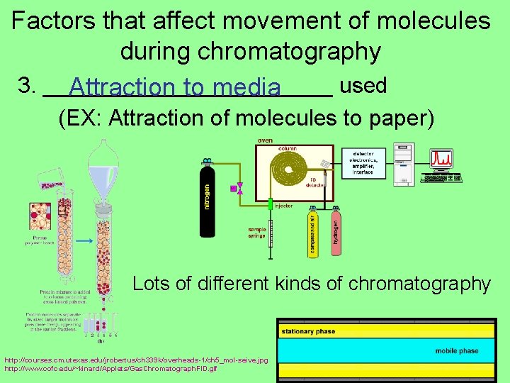 Factors that affect movement of molecules during chromatography 3. ____________ used Attraction to media