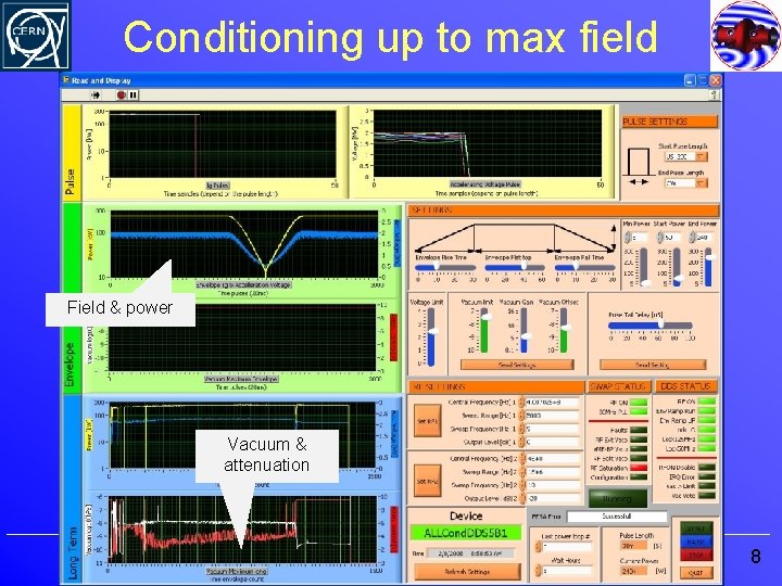 Conditioning up to max field Field & power Vacuum & attenuation 8 