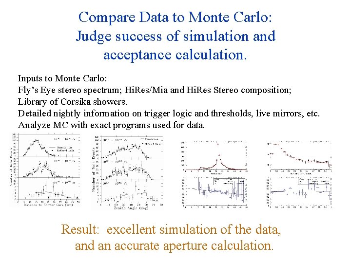 Compare Data to Monte Carlo: Judge success of simulation and acceptance calculation. Inputs to