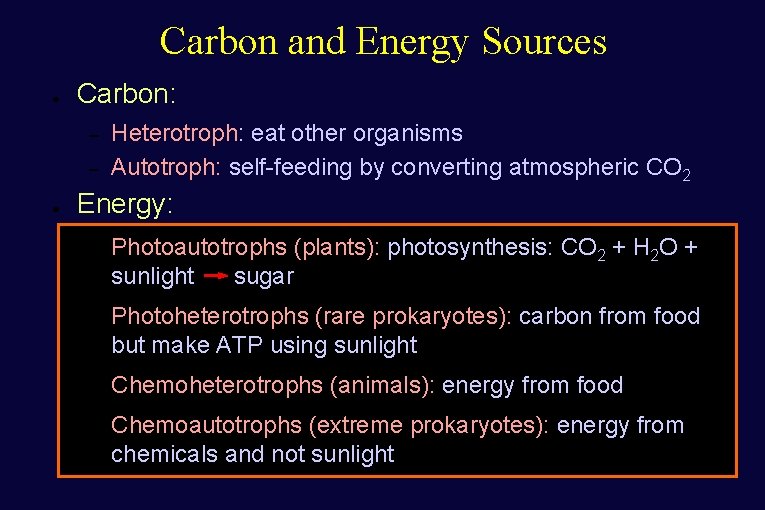Carbon and Energy Sources ● Carbon: – – ● Heterotroph: eat other organisms Autotroph: