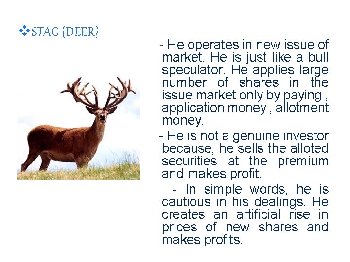 v. STAG {DEER} - He operates in new issue of market. He is just