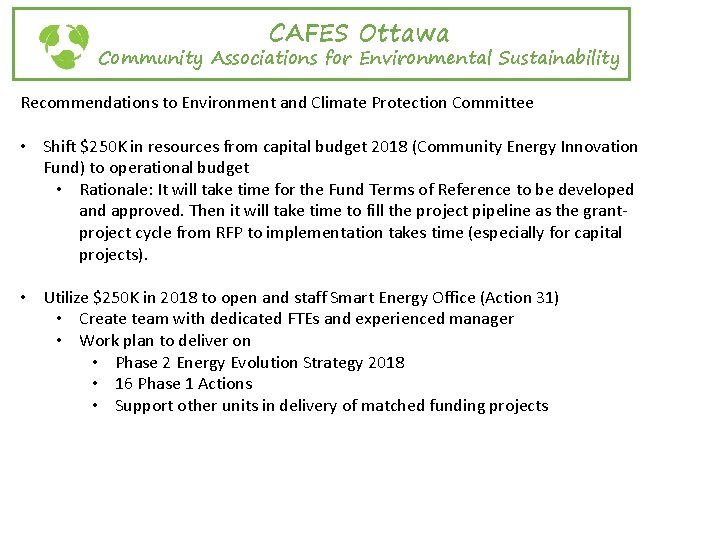 CAFES Ottawa Community Associations for Environmental Sustainability Recommendations to Environment and Climate Protection Committee