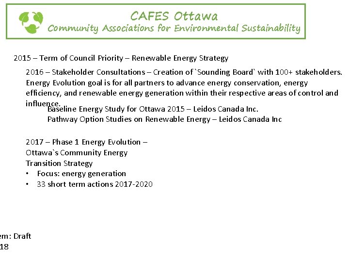 CAFES Ottawa Community Associations for Environmental Sustainability 2015 – Term of Council Priority –