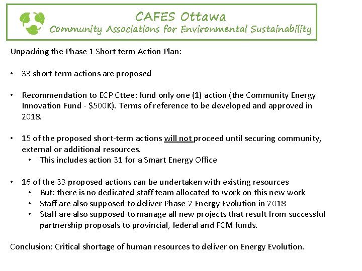 CAFES Ottawa Community Associations for Environmental Sustainability Unpacking the Phase 1 Short term Action