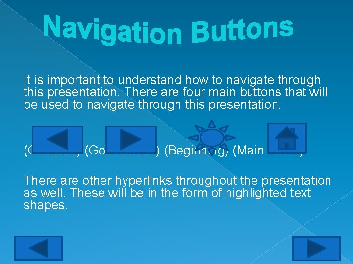 It is important to understand how to navigate through this presentation. There are four