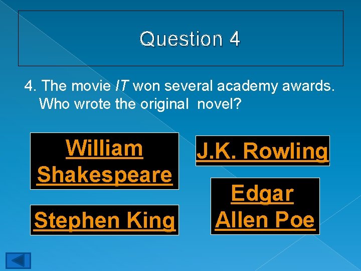 Question 4 4. The movie IT won several academy awards. Who wrote the original