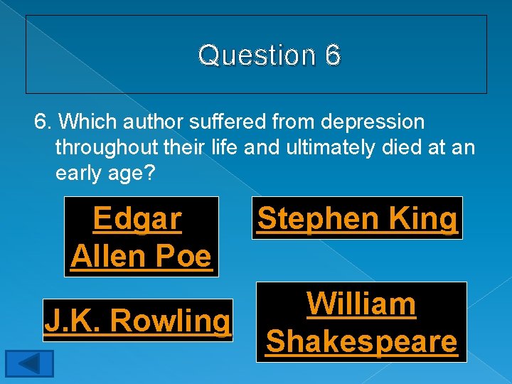 Question 6 6. Which author suffered from depression throughout their life and ultimately died
