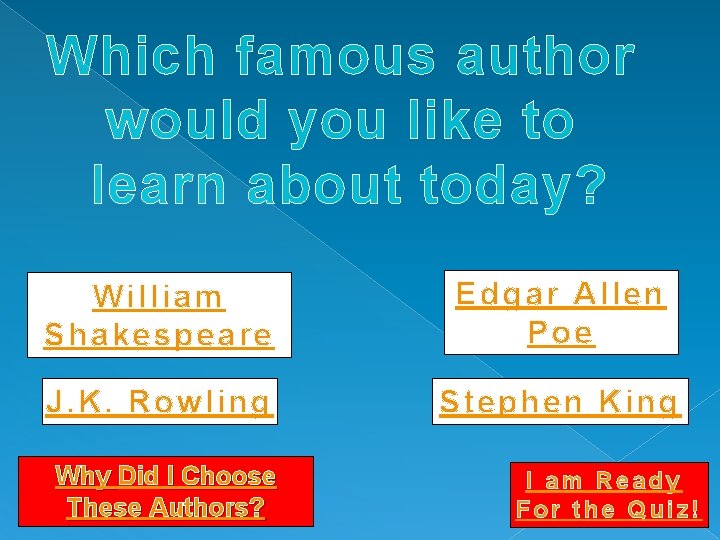 Which famous author would you like to learn about today? William Shakespeare Edgar Allen