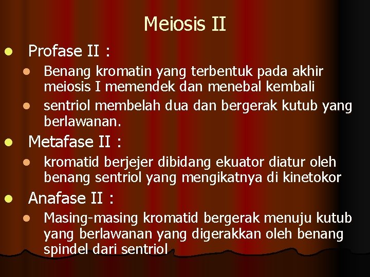 Meiosis II l Profase II : Benang kromatin yang terbentuk pada akhir meiosis I