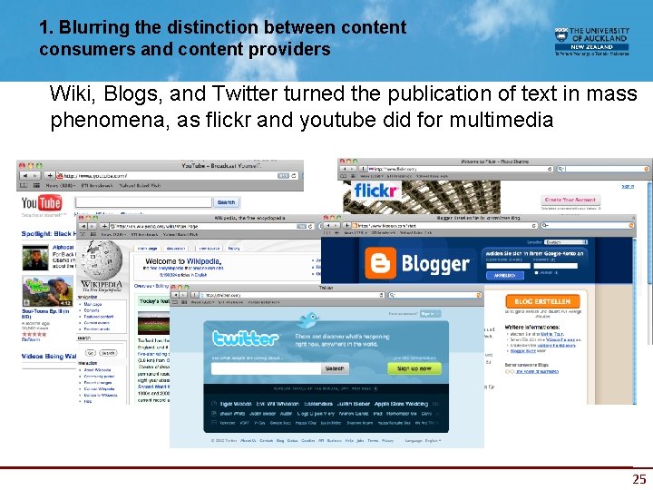 1. Blurring the distinction between content consumers and content providers Wiki, Blogs, and Twitter