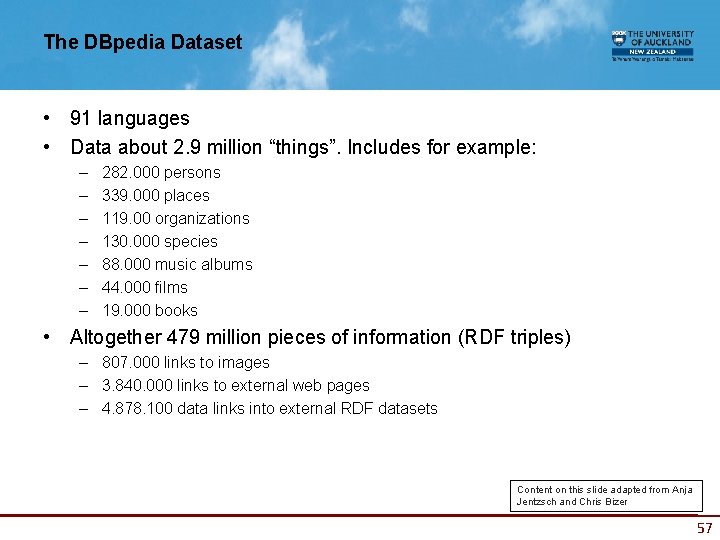 The DBpedia Dataset • 91 languages • Data about 2. 9 million “things”. Includes