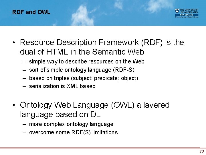 RDF and OWL • Resource Description Framework (RDF) is the dual of HTML in