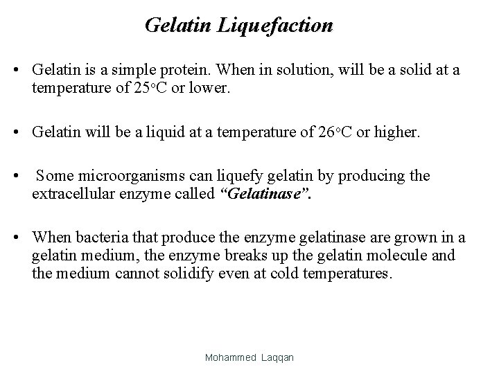 Gelatin Liquefaction • Gelatin is a simple protein. When in solution, will be a